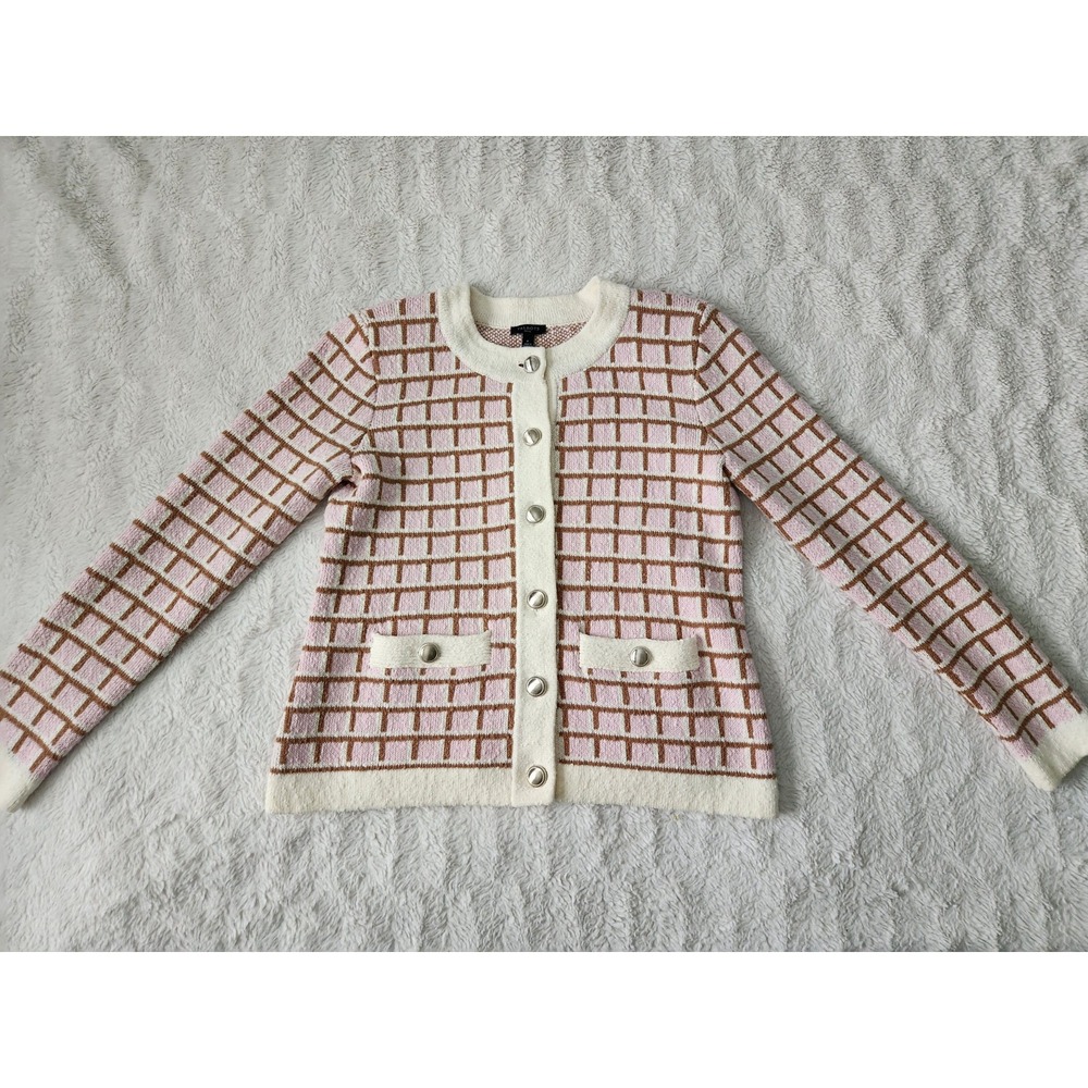 Talbots Petite P Pink Brown Grid Check Knit Button Front Cardigan Sweater...